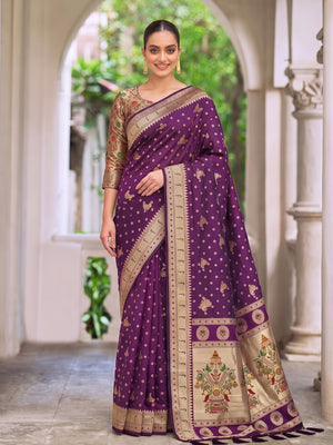 Peachmode Wine Zari Border Silk Saree With Heavy Pallu - Image 1
