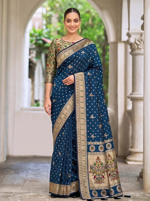 Peachmode Navy Blue Zari Border Silk Saree With Heavy Pallu - Image 1
