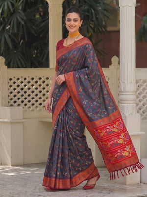 Peachmode Grey Woven Border Silk Saree With Heavy Pallu - Image 2