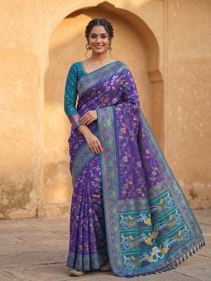 Peachmode Violet Woven Border Silk Saree With Heavy Pallu - Image 1