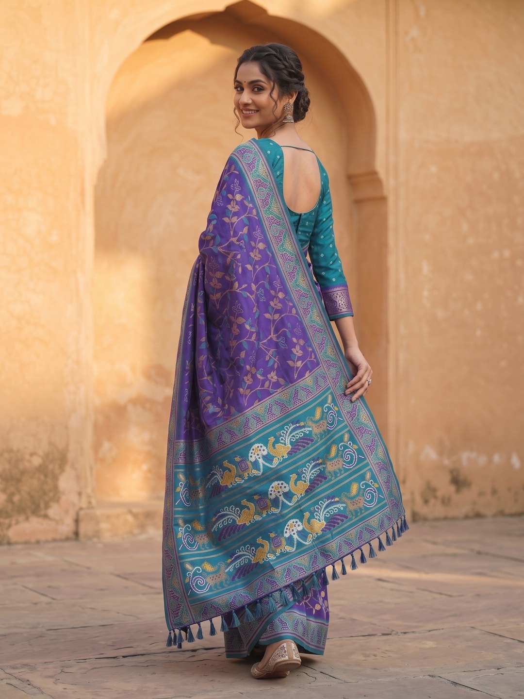 Peachmode Violet Woven Border Silk Saree With Heavy Pallu - Image 3