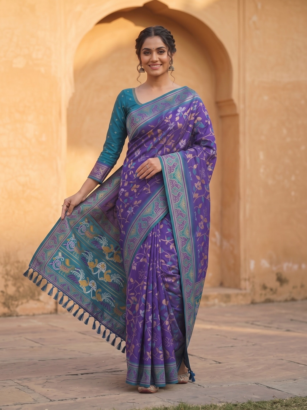 Peachmode Violet Woven Border Silk Saree With Heavy Pallu - Image 4