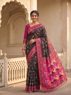 Peachmode Black Woven Border Silk Saree With Heavy Pallu - Image 1