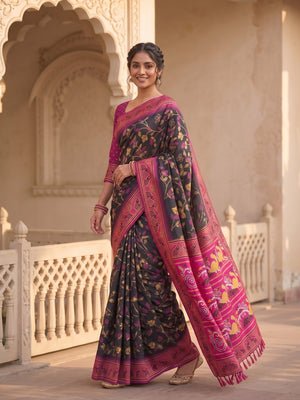 Peachmode Black Woven Border Silk Saree With Heavy Pallu - Image 2