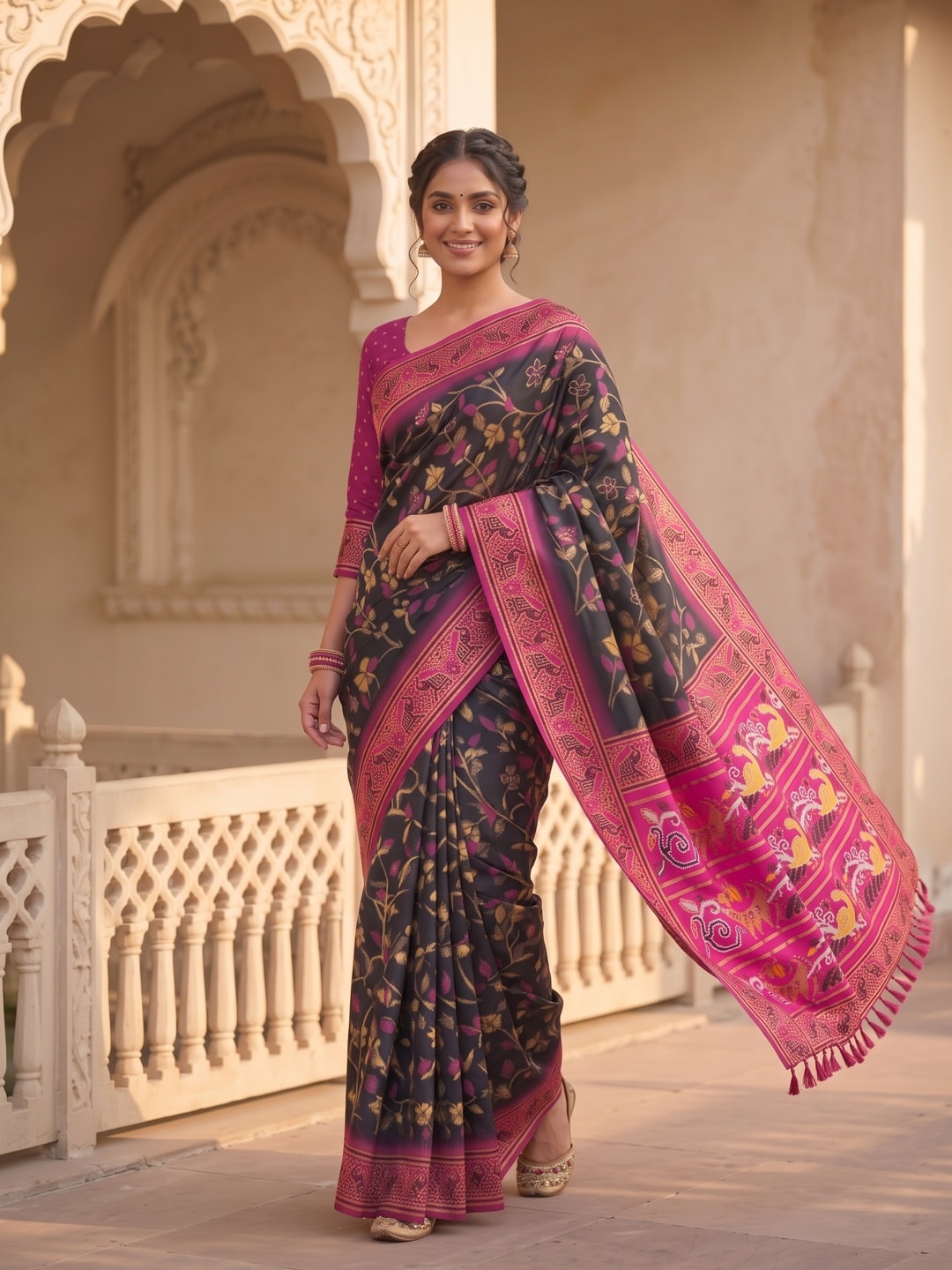 Peachmode Black Woven Border Silk Saree With Heavy Pallu - Image 4