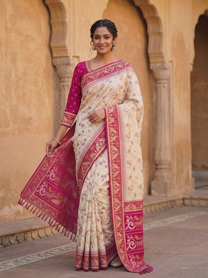 Peachmode White Woven Border Silk Saree With Heavy Pallu - Image 1