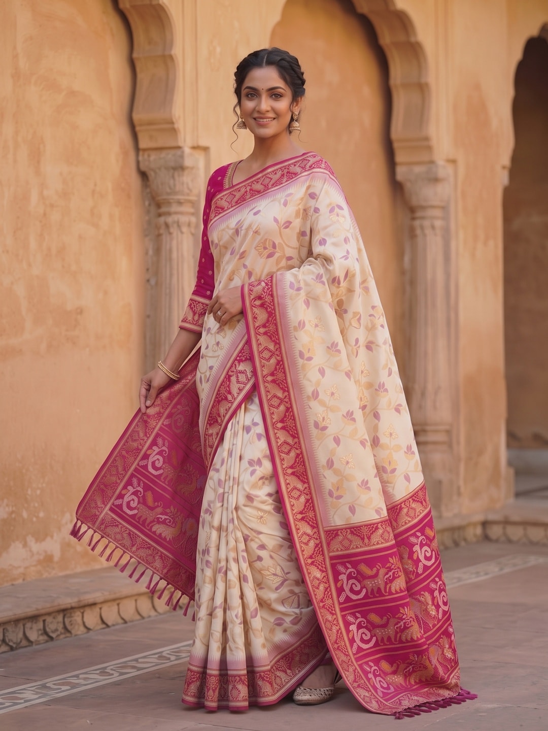 Peachmode White Woven Border Silk Saree With Heavy Pallu - Image 2