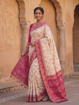 Peachmode White Woven Border Silk Saree With Heavy Pallu - Image 2