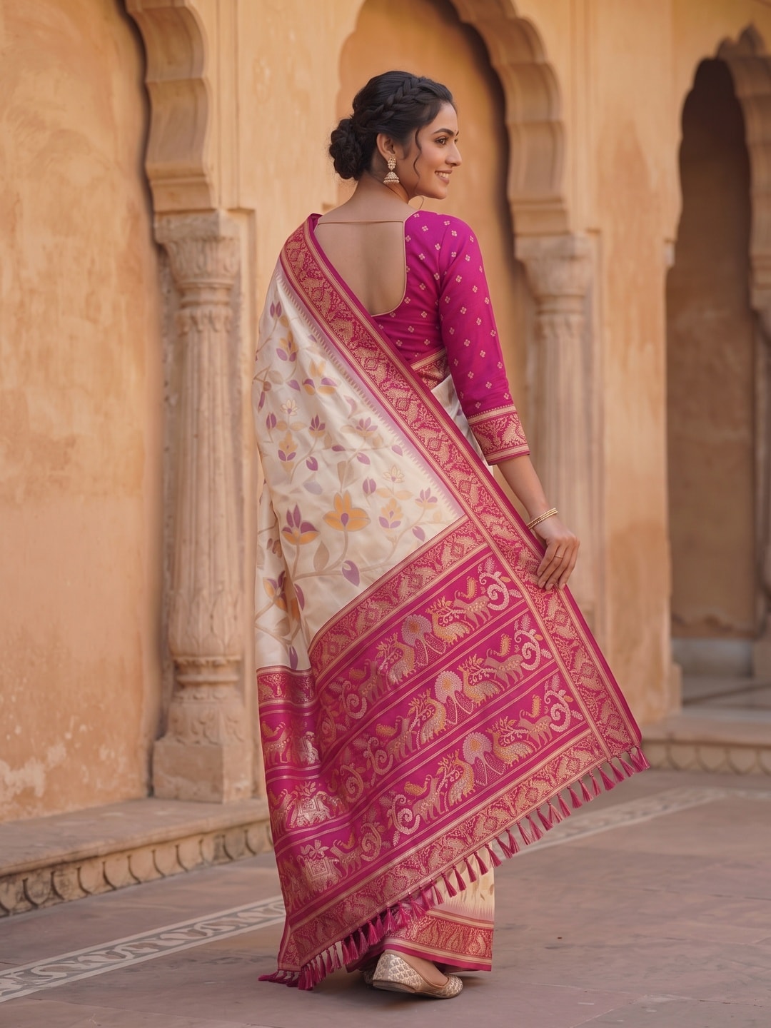 Peachmode White Woven Border Silk Saree With Heavy Pallu - Image 3