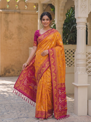 Peachmode Orange Woven Border Silk Saree With Heavy Pallu - Image 1