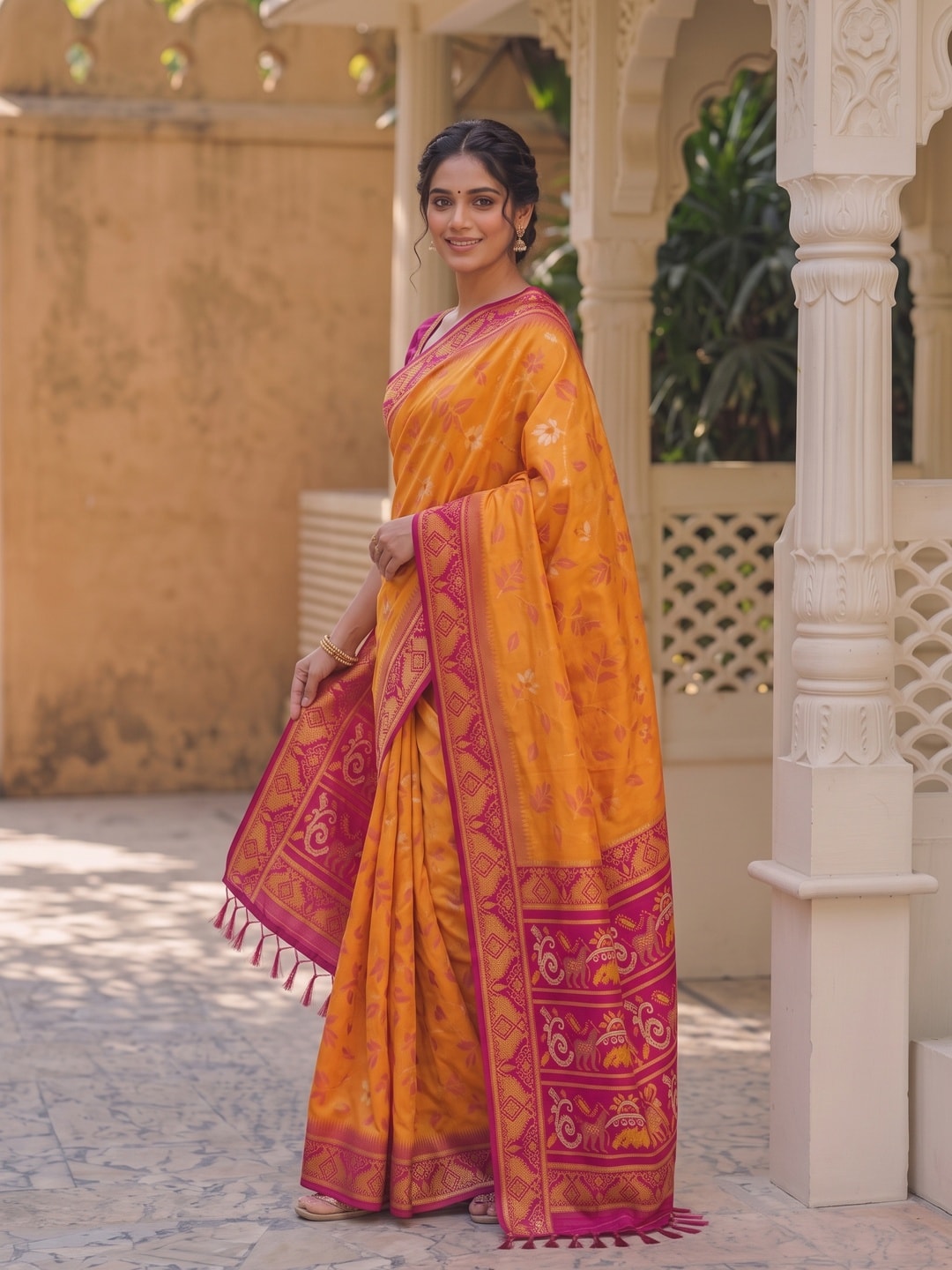 Peachmode Orange Woven Border Silk Saree With Heavy Pallu - Image 2
