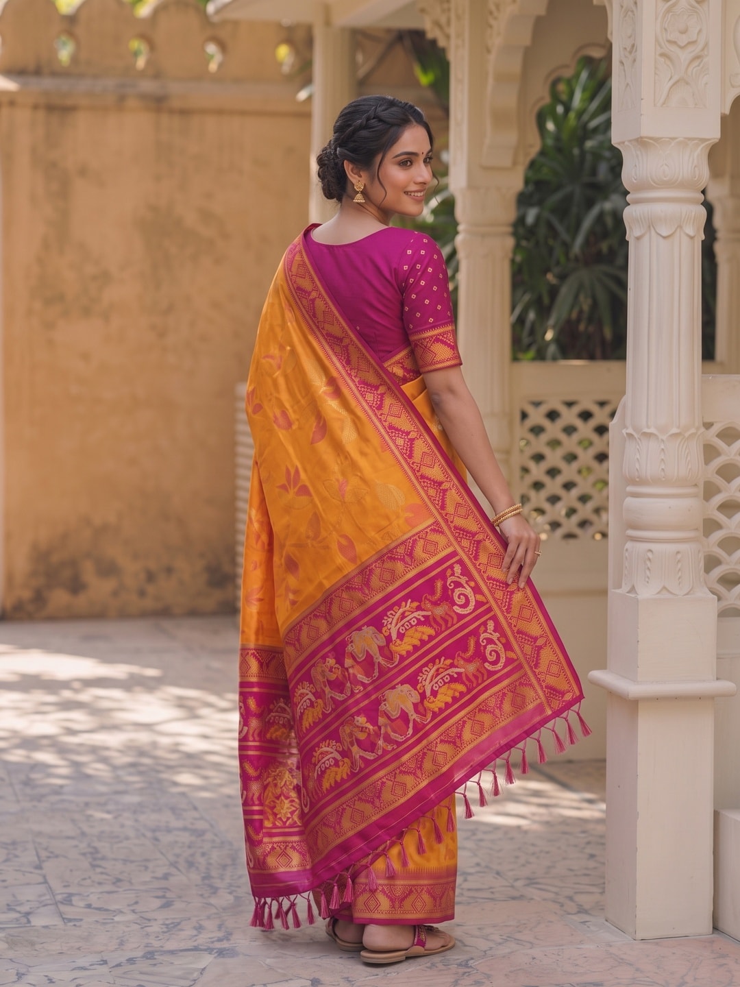 Peachmode Orange Woven Border Silk Saree With Heavy Pallu - Image 3