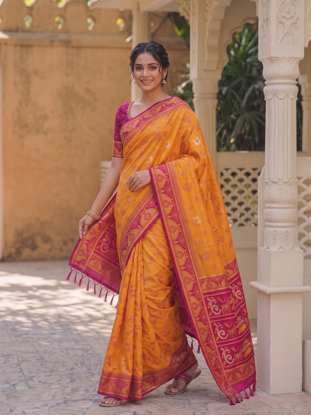 Peachmode Orange Woven Border Silk Saree With Heavy Pallu - Image 4