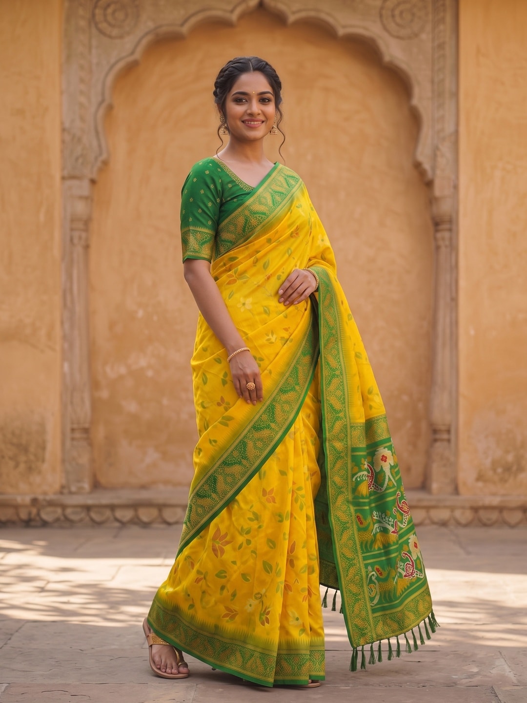 Peachmode Yellow Woven Border Silk Saree With Heavy Pallu - Image 2