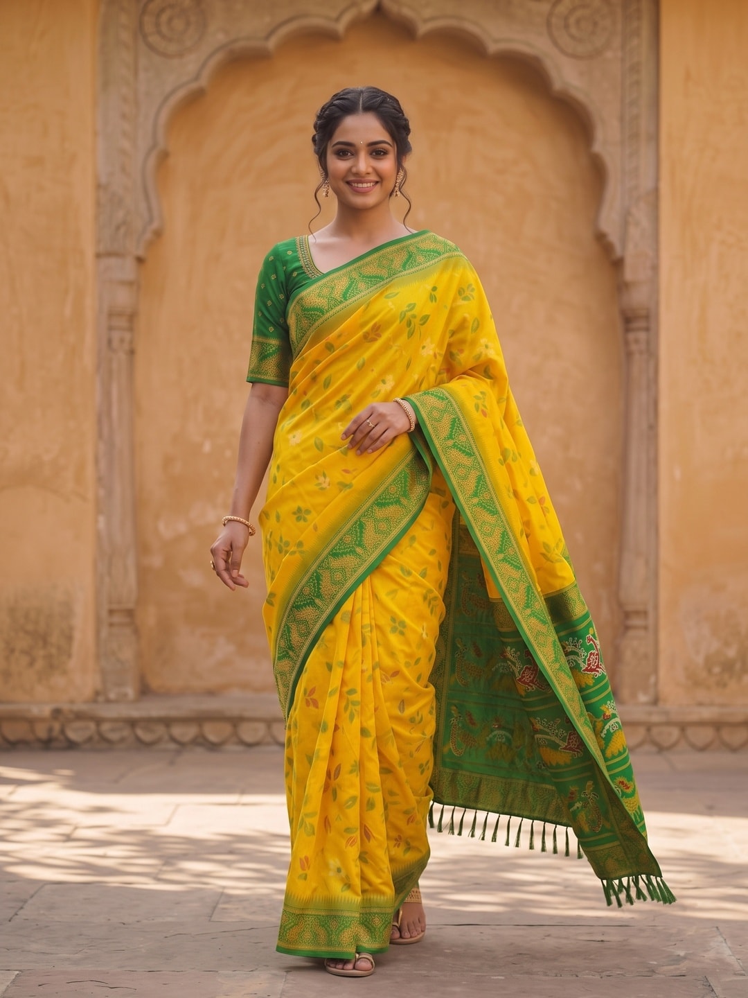 Peachmode Yellow Woven Border Silk Saree With Heavy Pallu - Image 4