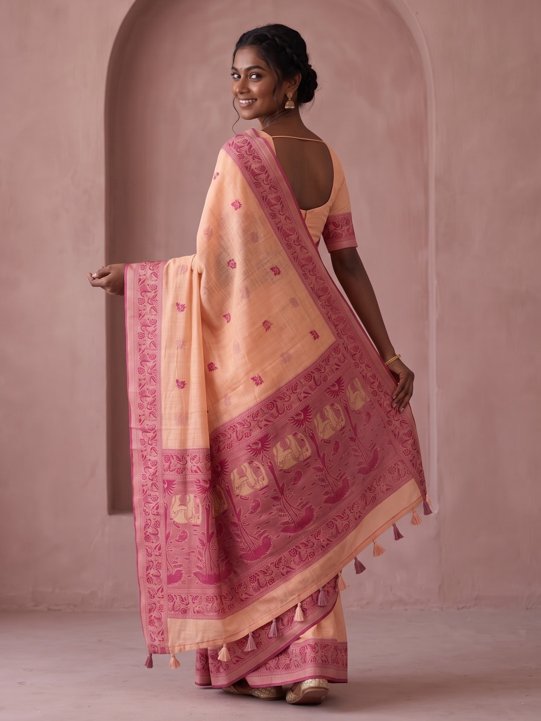 Peachmode Peach Soft Cotton Saree With Jamdani Style Butterfly Weaving - Image 2