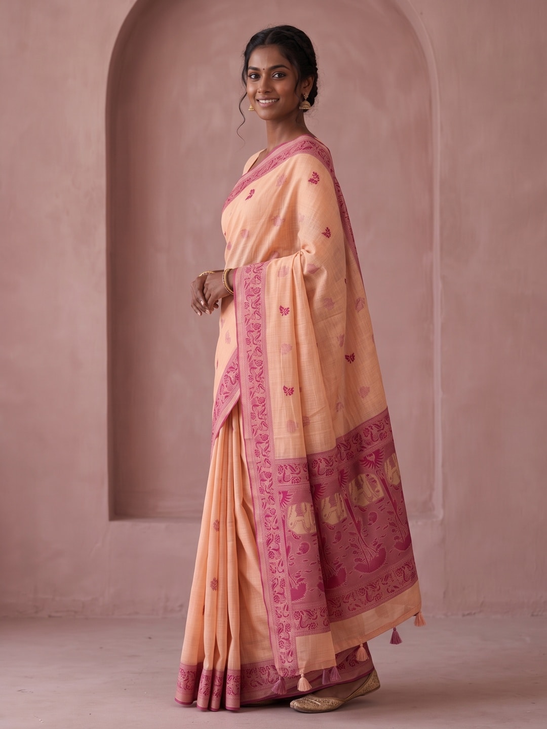 Peachmode Peach Soft Cotton Saree With Jamdani Style Butterfly Weaving - Image 3