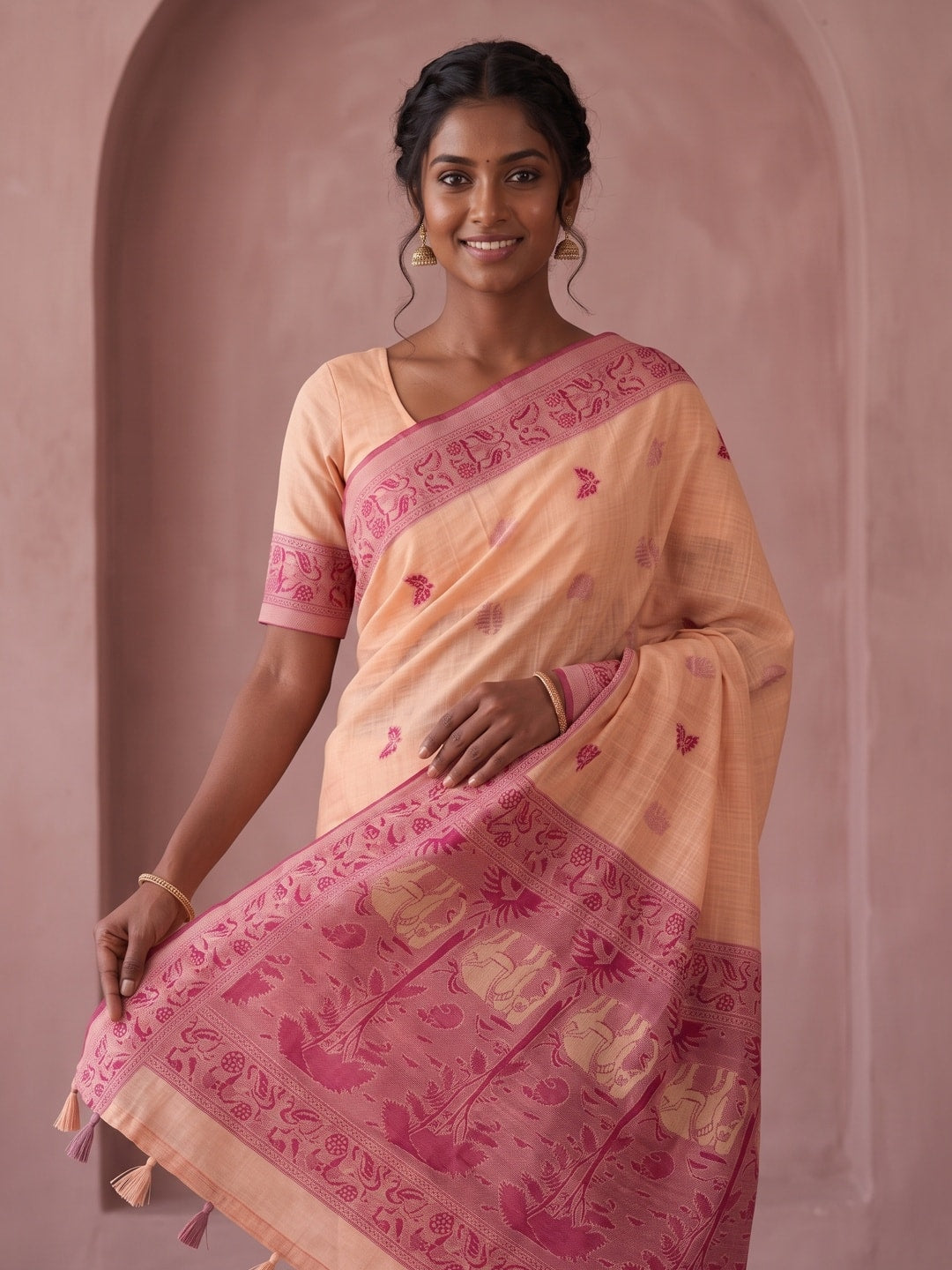 Peachmode Peach Soft Cotton Saree With Jamdani Style Butterfly Weaving - Image 4