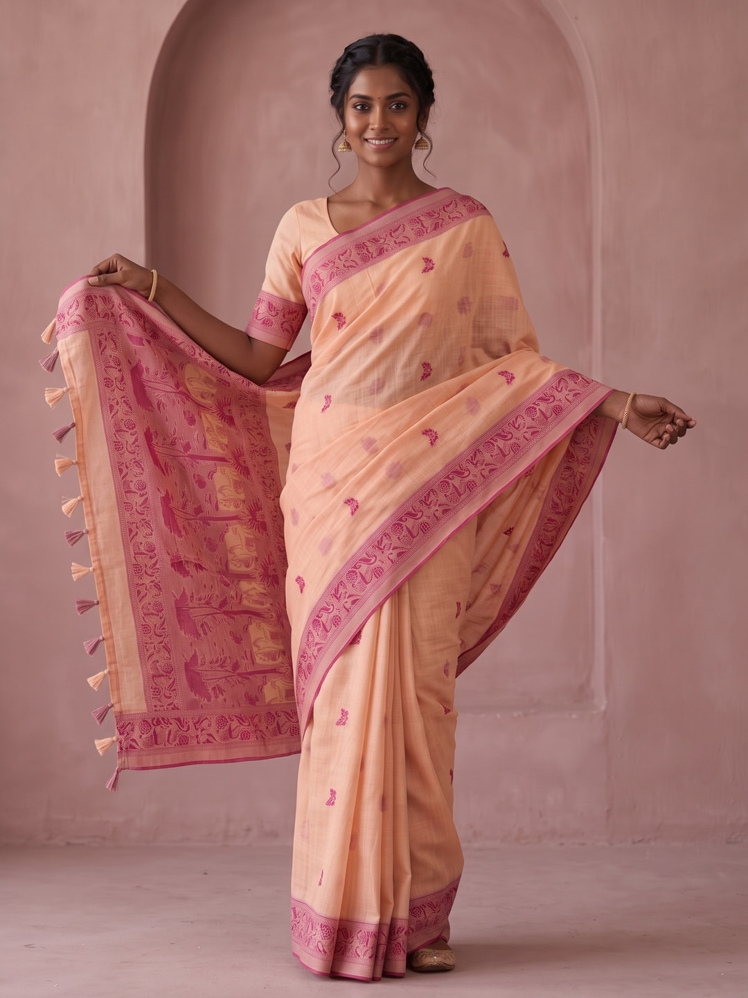 Peachmode Peach Soft Cotton Saree With Jamdani Style Butterfly Weaving - Image 5