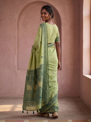 Peachmode Light Green Soft Cotton Saree With Jamdani Style Butterfly Weaving - Image 2