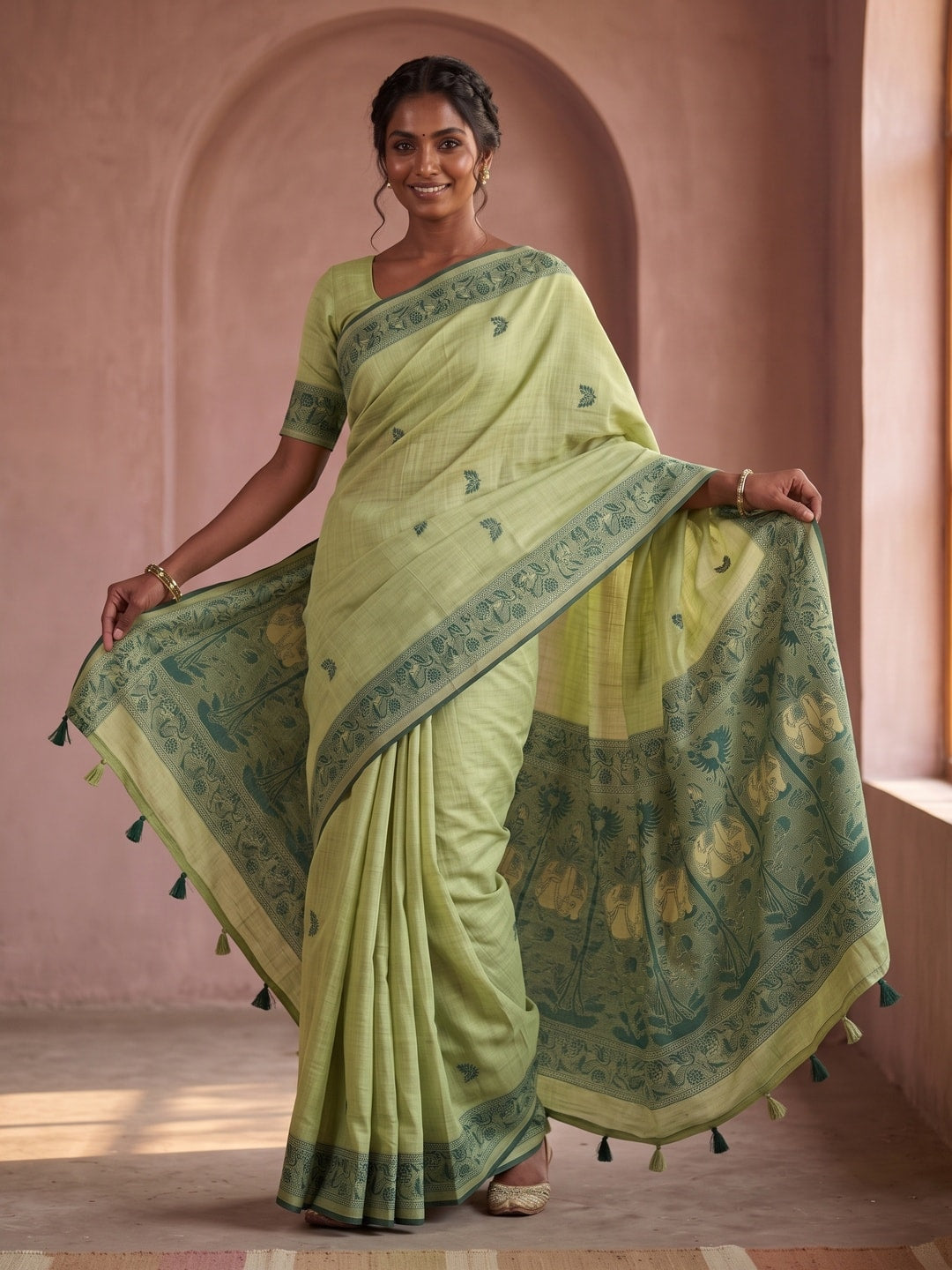 Peachmode Light Green Soft Cotton Saree With Jamdani Style Butterfly Weaving - Image 5