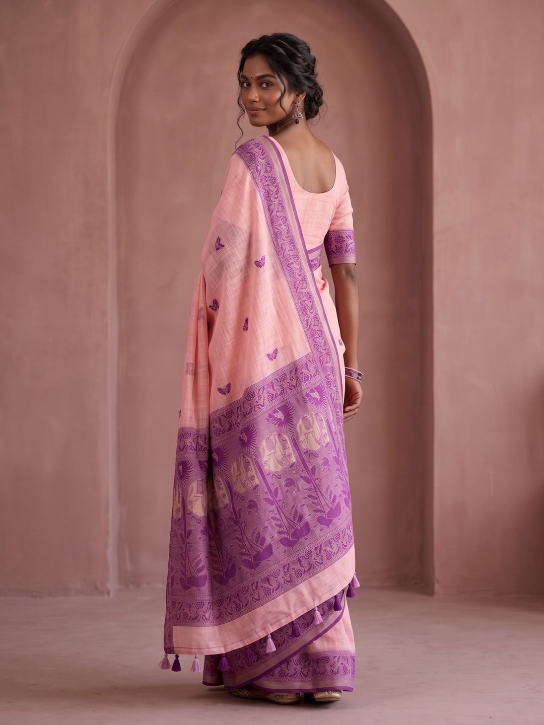 Peachmode Pink Soft Cotton Saree With Jamdani Style Butterfly Weaving - Image 2