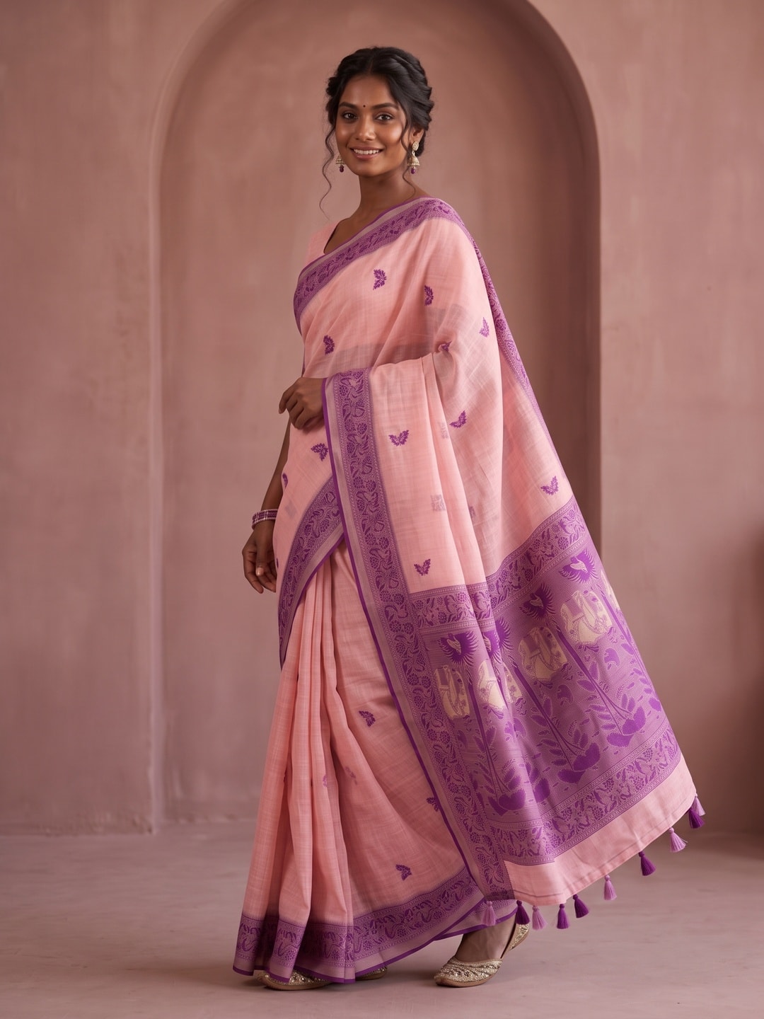 Peachmode Pink Soft Cotton Saree With Jamdani Style Butterfly Weaving - Image 3