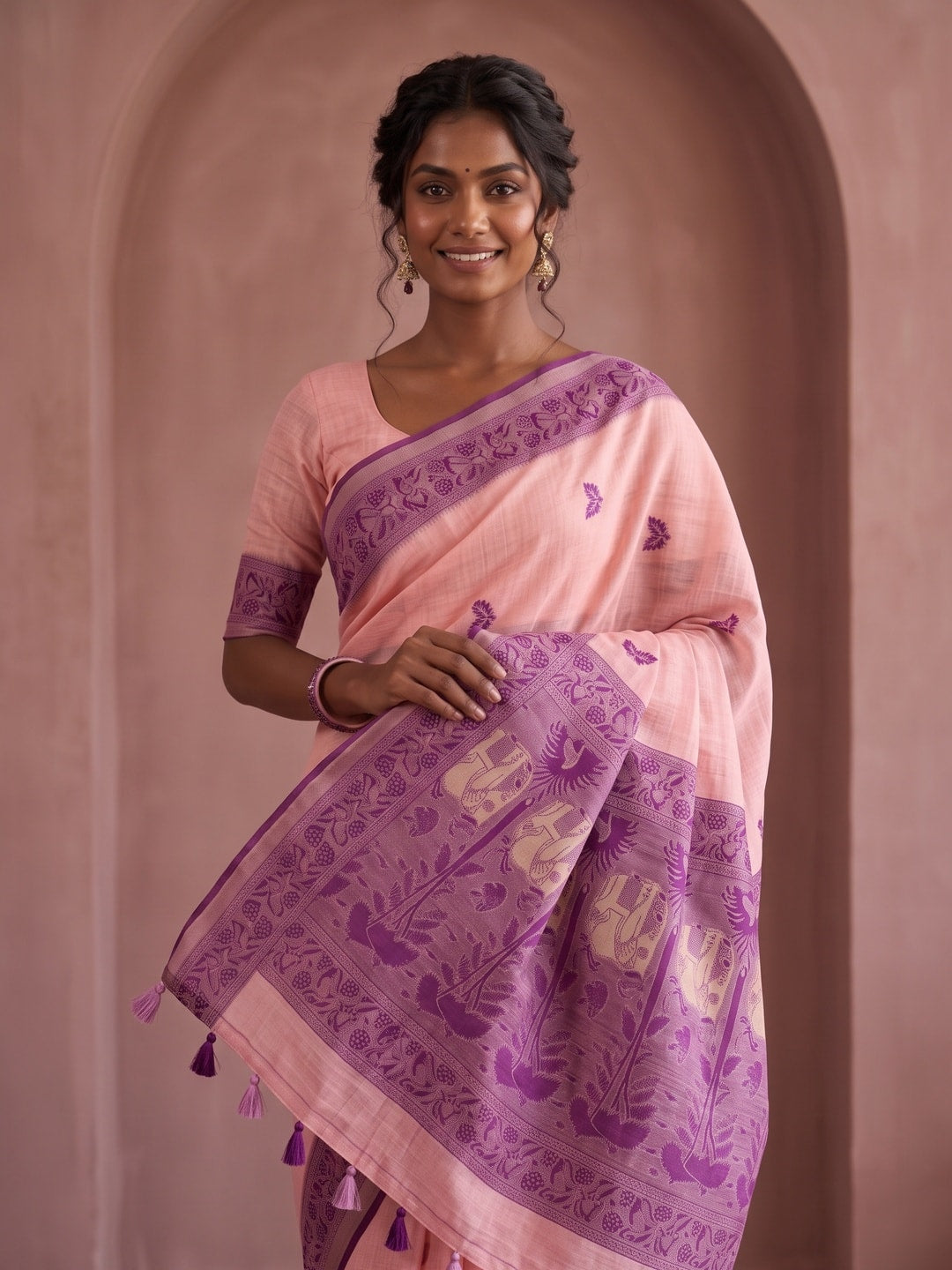 Peachmode Pink Soft Cotton Saree With Jamdani Style Butterfly Weaving - Image 4