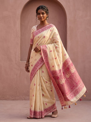 Peachmode Cream Soft Cotton Saree With Jamdani Style Butterfly Weaving - Image 1