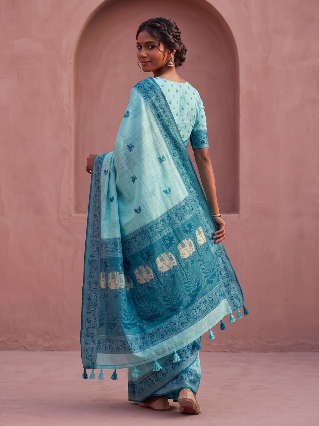 Peachmode Sky Blue Soft Cotton Saree With Jamdani Style Butterfly Weaving - Image 2