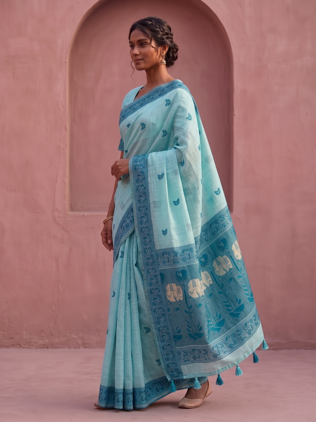 Peachmode Sky Blue Soft Cotton Saree With Jamdani Style Butterfly Weaving - Image 3
