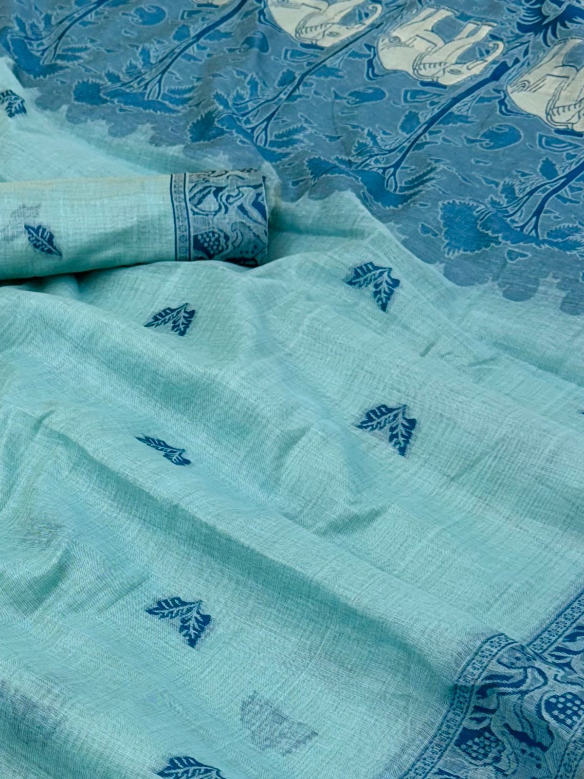 Peachmode Sky Blue Soft Cotton Saree With Jamdani Style Butterfly Weaving - Image 5