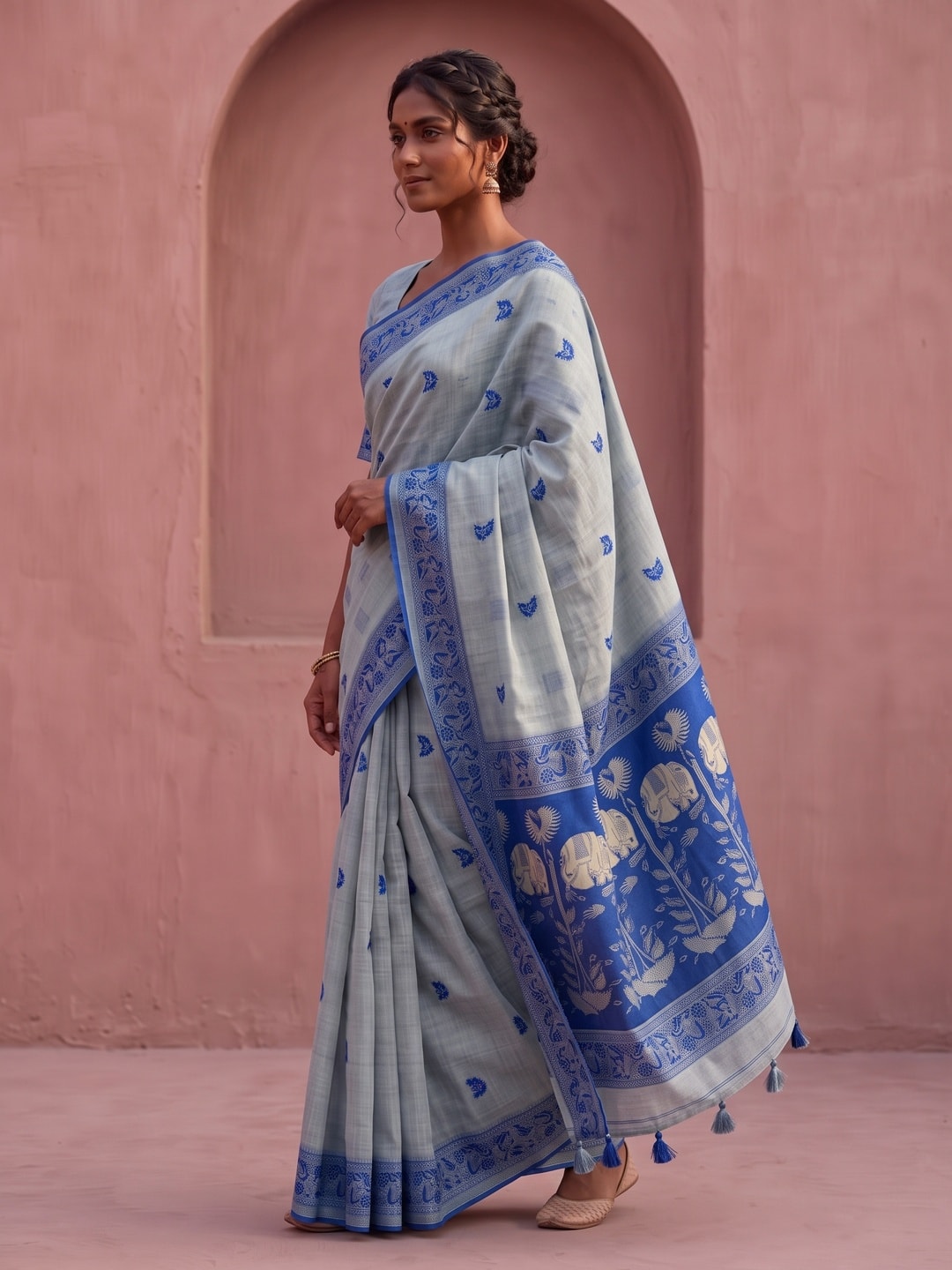 Peachmode Grey Soft Cotton Saree With Jamdani Style Butterfly Weaving - Image 3