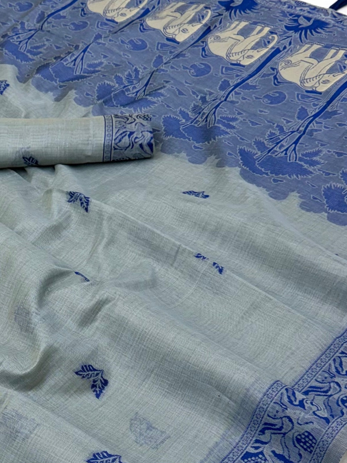 Peachmode Grey Soft Cotton Saree With Jamdani Style Butterfly Weaving - Image 5