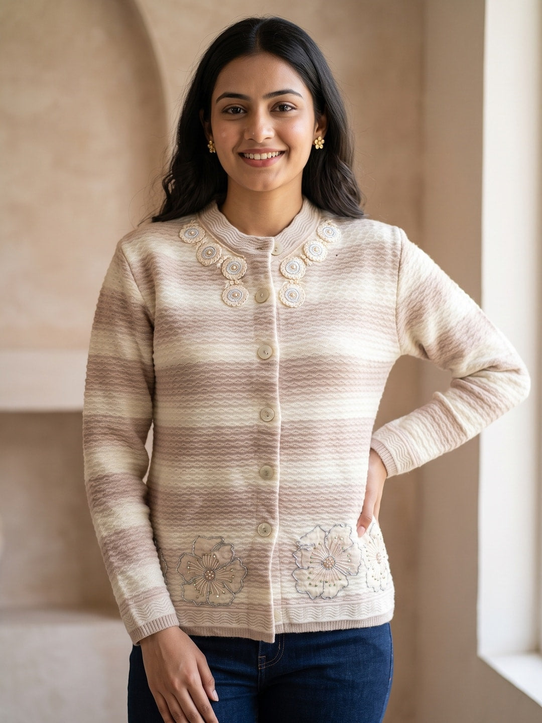 Peachmode Beige Striped Floral Embroidered Woolen Cardigan - Image 1