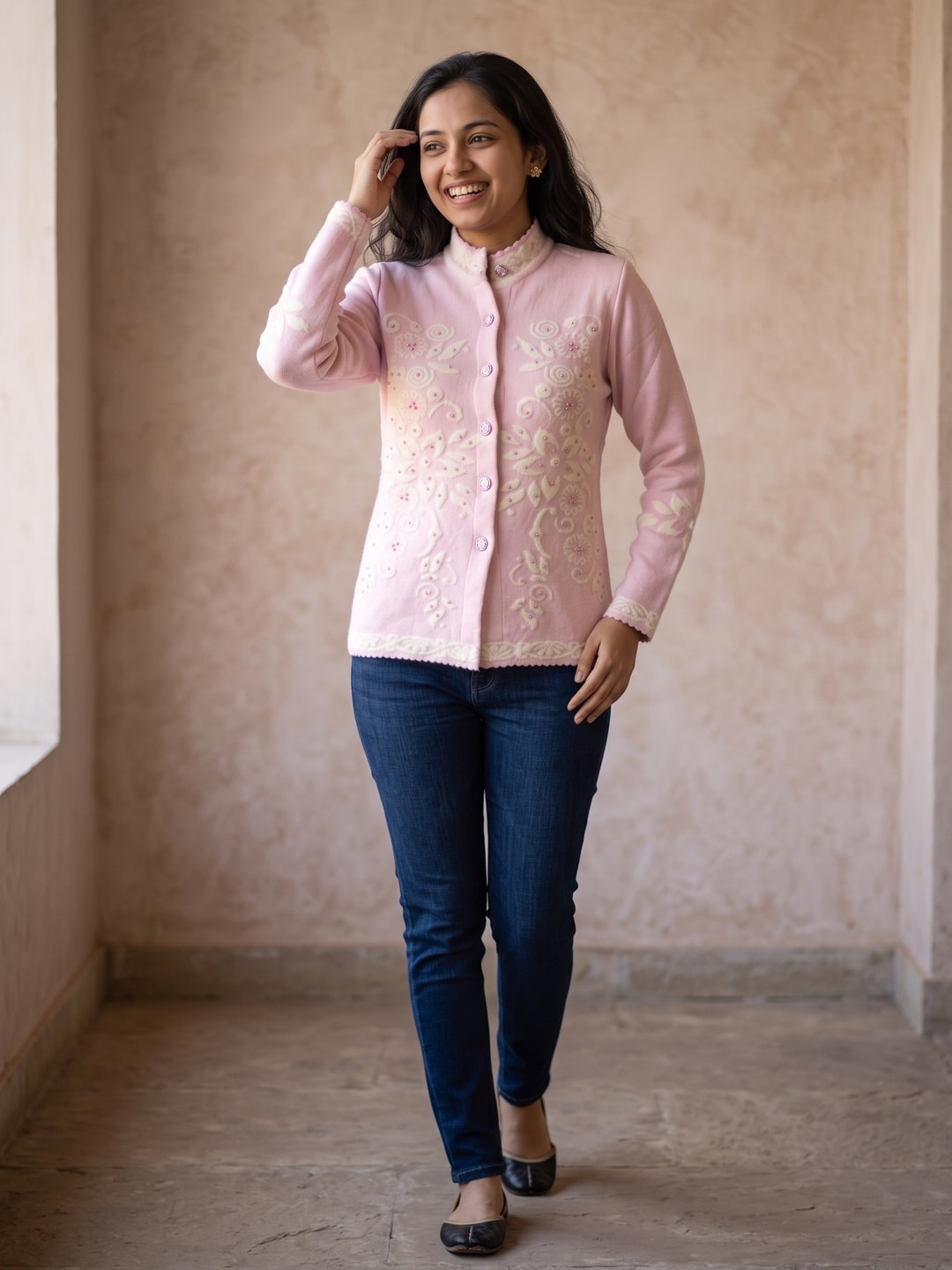 Peachmode Pink Floral Jacquard Pearl Woolen Cardigan - Image 2