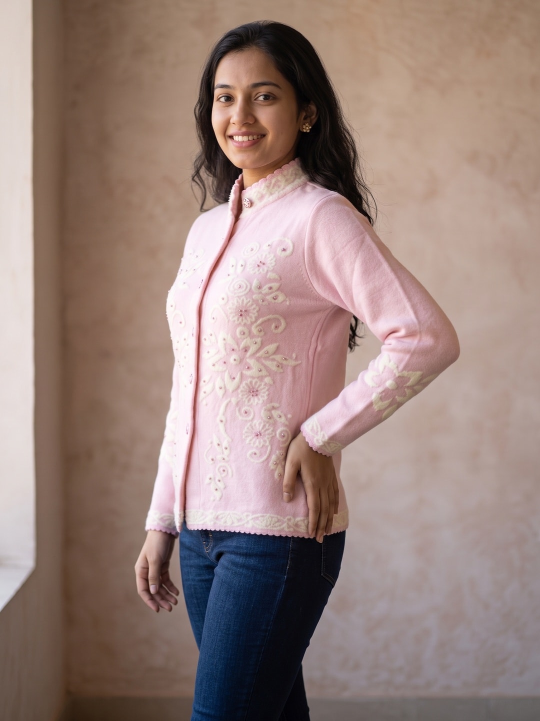 Peachmode Pink Floral Jacquard Pearl Woolen Cardigan - Image 3