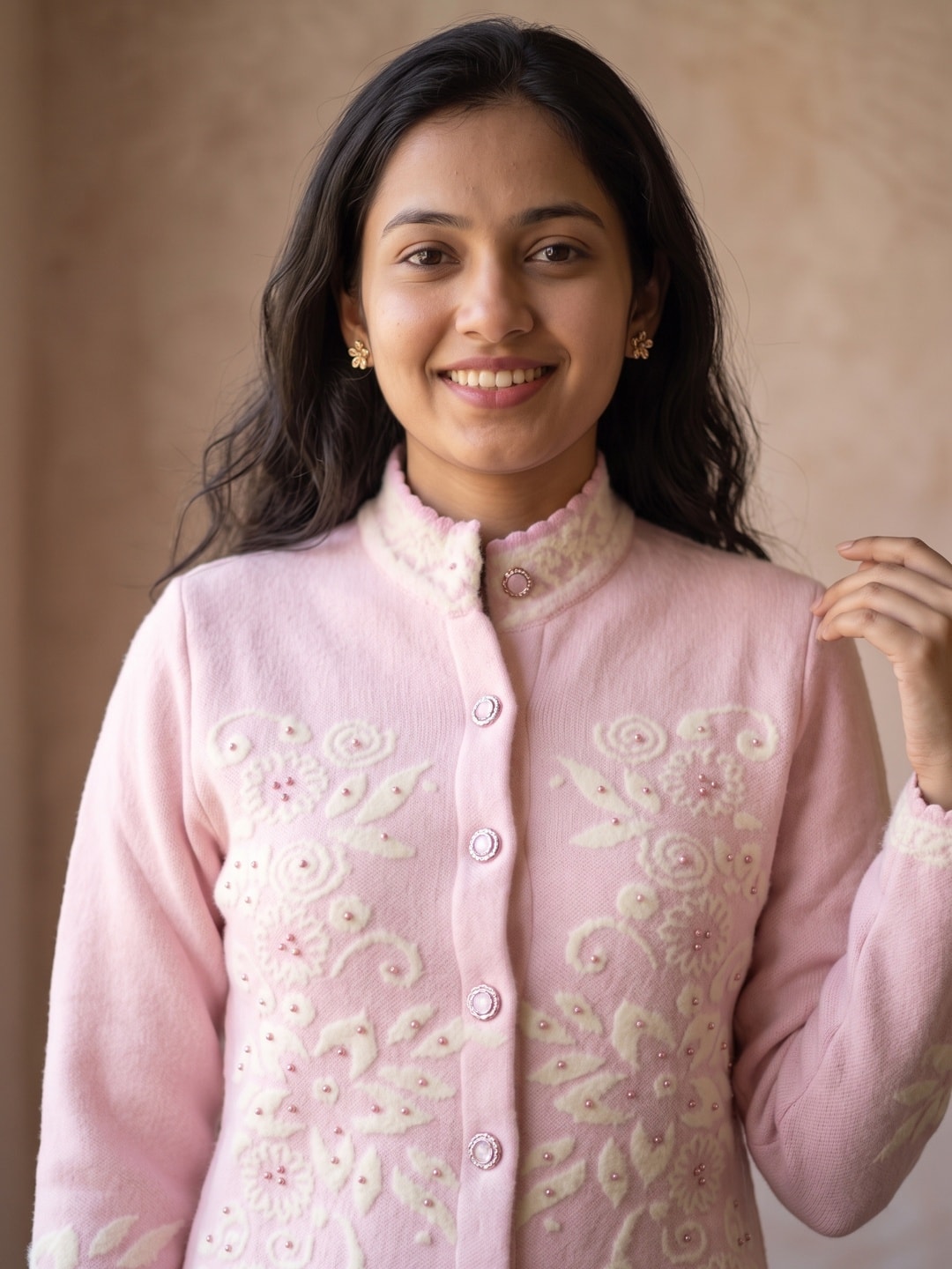 Peachmode Pink Floral Jacquard Pearl Woolen Cardigan - Image 5