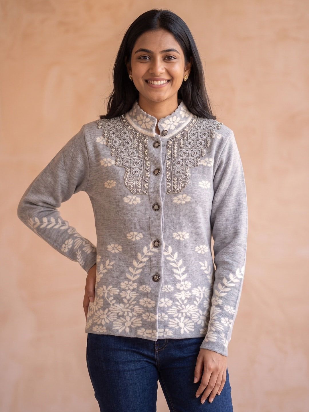 Peachmode Grey Floral Jacquard Beaded Yoke Woolen Cardigan - Image 1