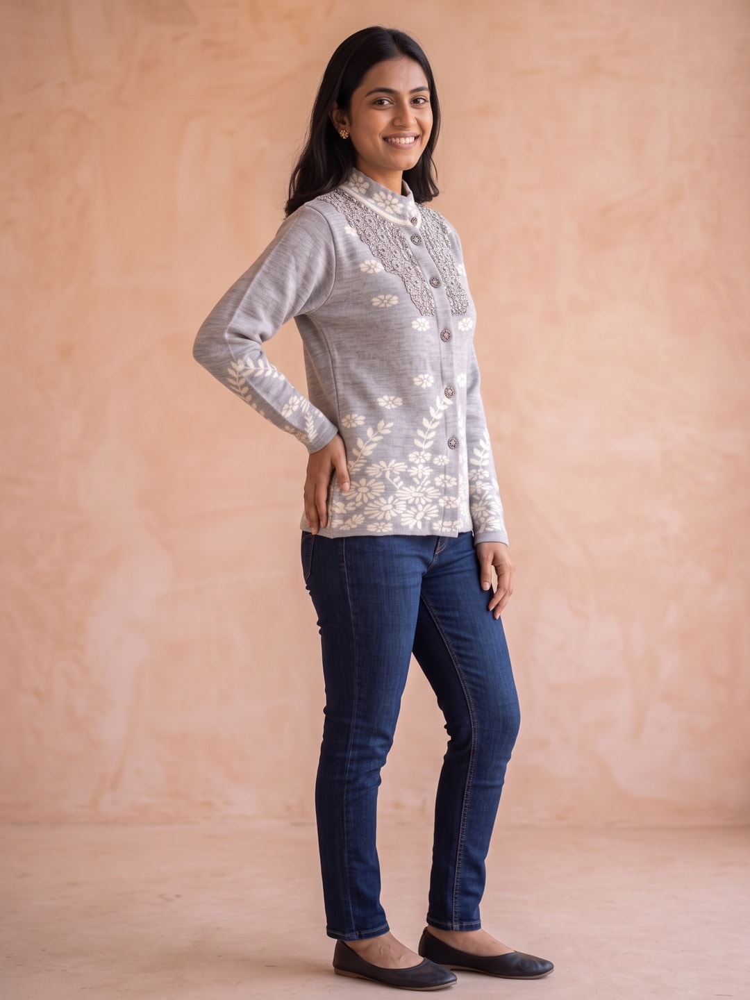 Peachmode Grey Floral Jacquard Beaded Yoke Woolen Cardigan - Image 3
