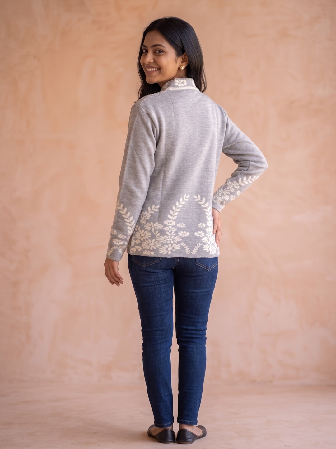 Peachmode Grey Floral Jacquard Beaded Yoke Woolen Cardigan - Image 4