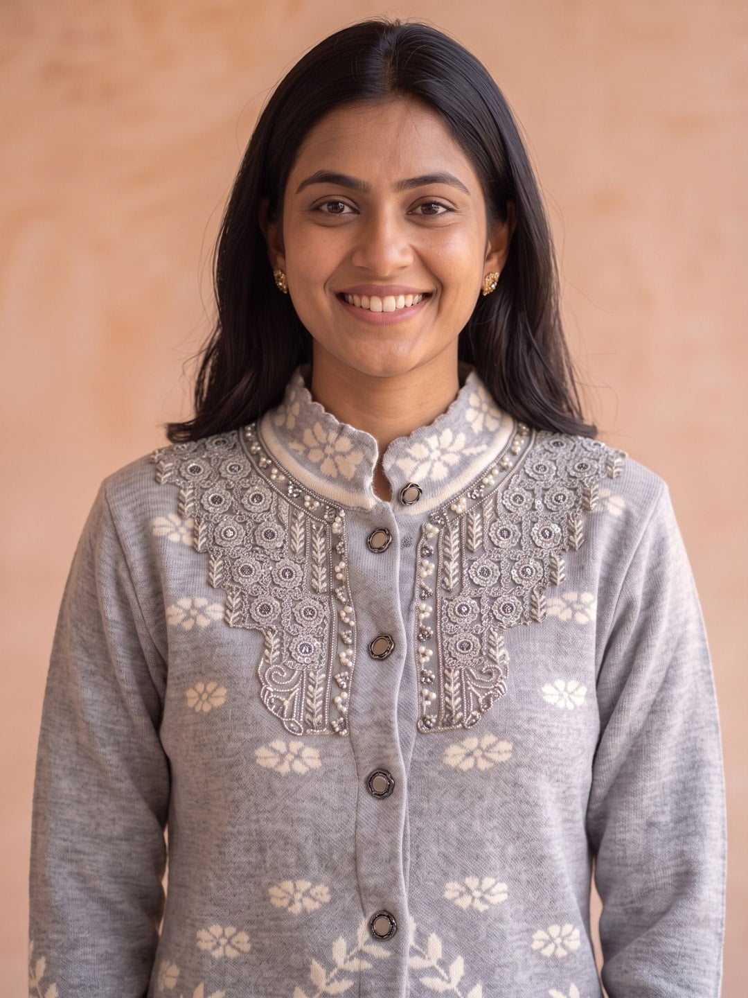 Peachmode Grey Floral Jacquard Beaded Yoke Woolen Cardigan - Image 5