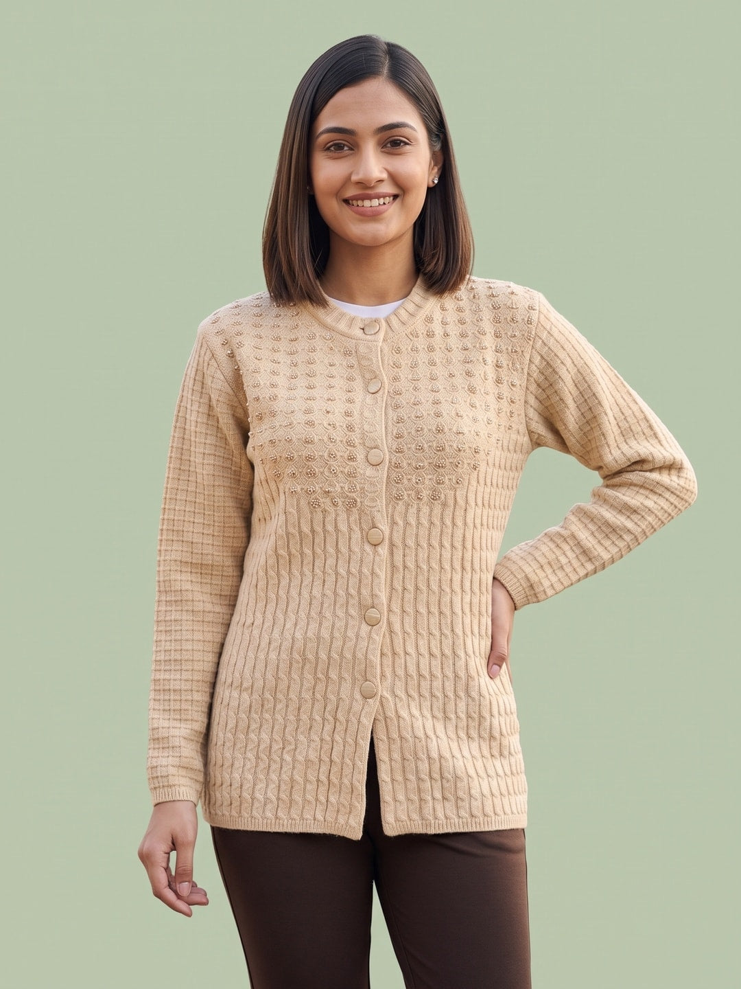 Peachmode Beige Woolen Cardigan - Image 1