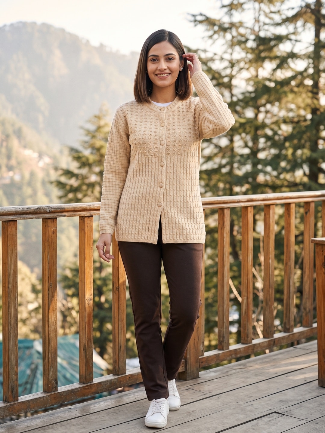 Peachmode Beige Woolen Cardigan - Image 2