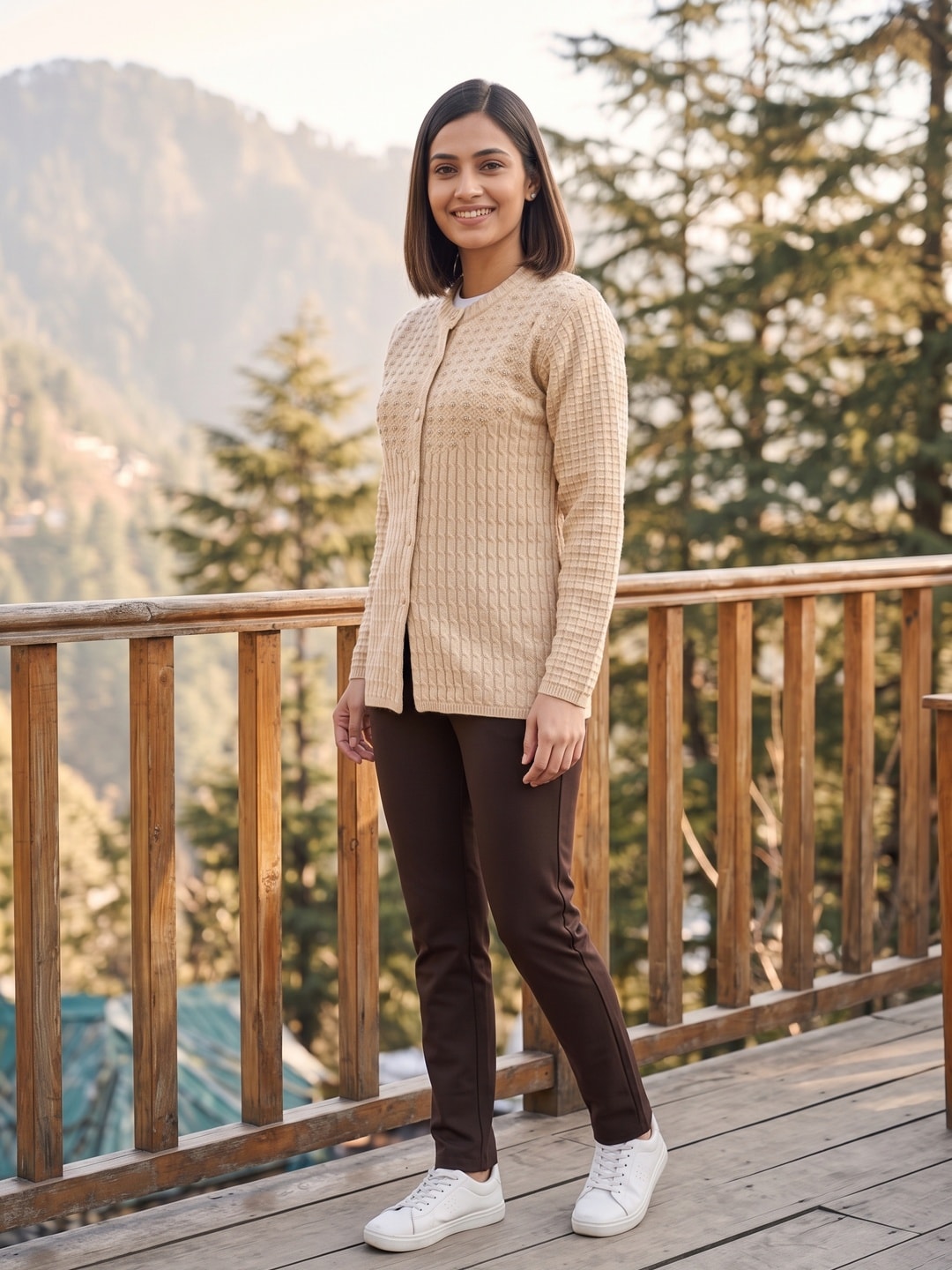 Peachmode Beige Woolen Cardigan - Image 3