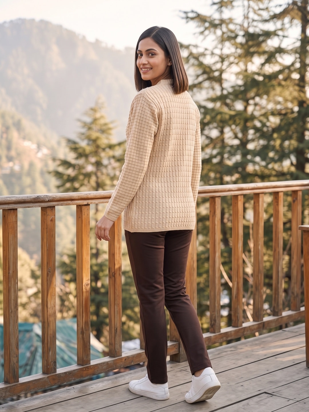 Peachmode Beige Woolen Cardigan - Image 4