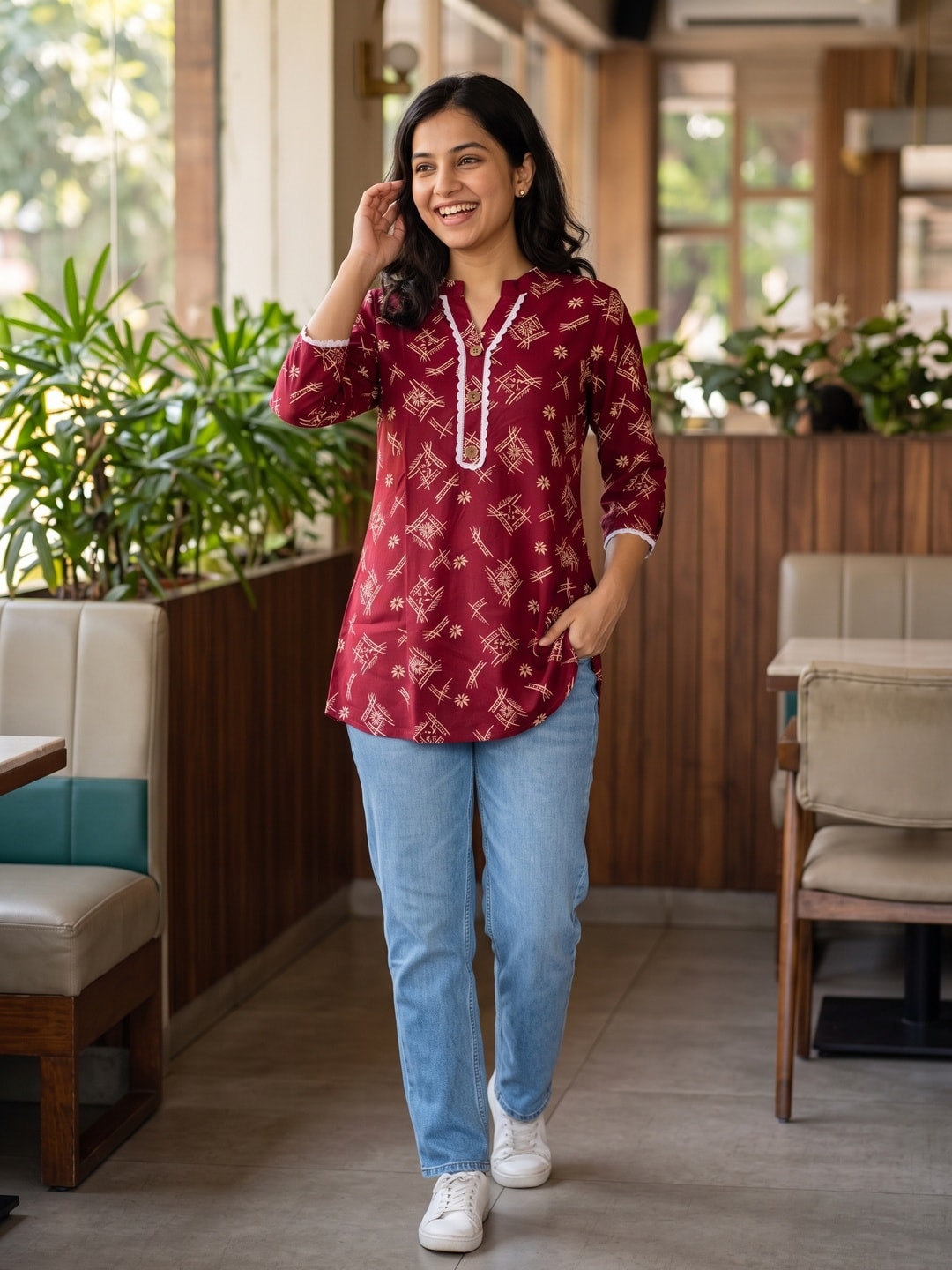 Peachmode Red Rayon Abstract Printed Short Top - Image 2