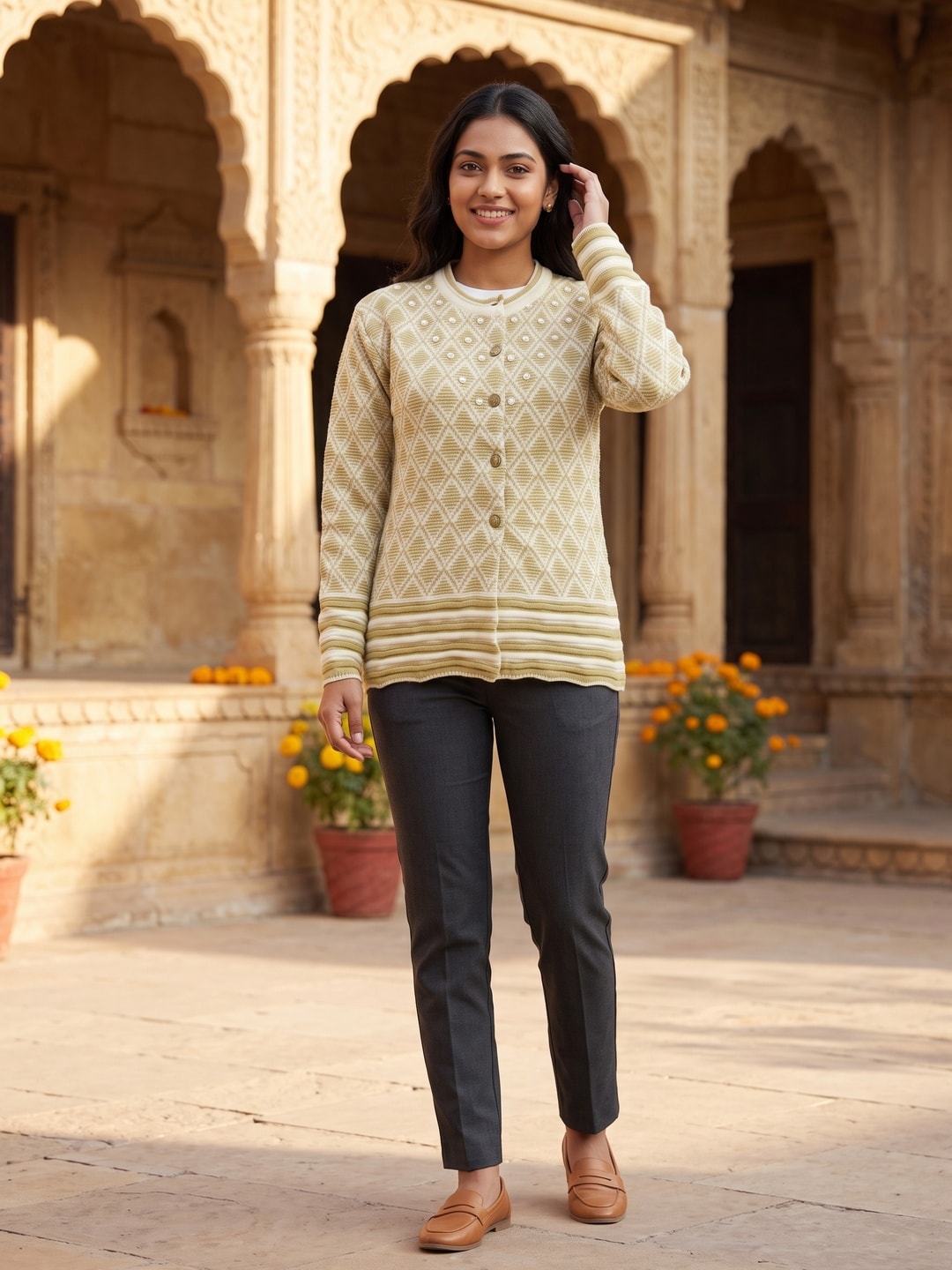 Peachmode Cream Woolen Cardigan - Image 2