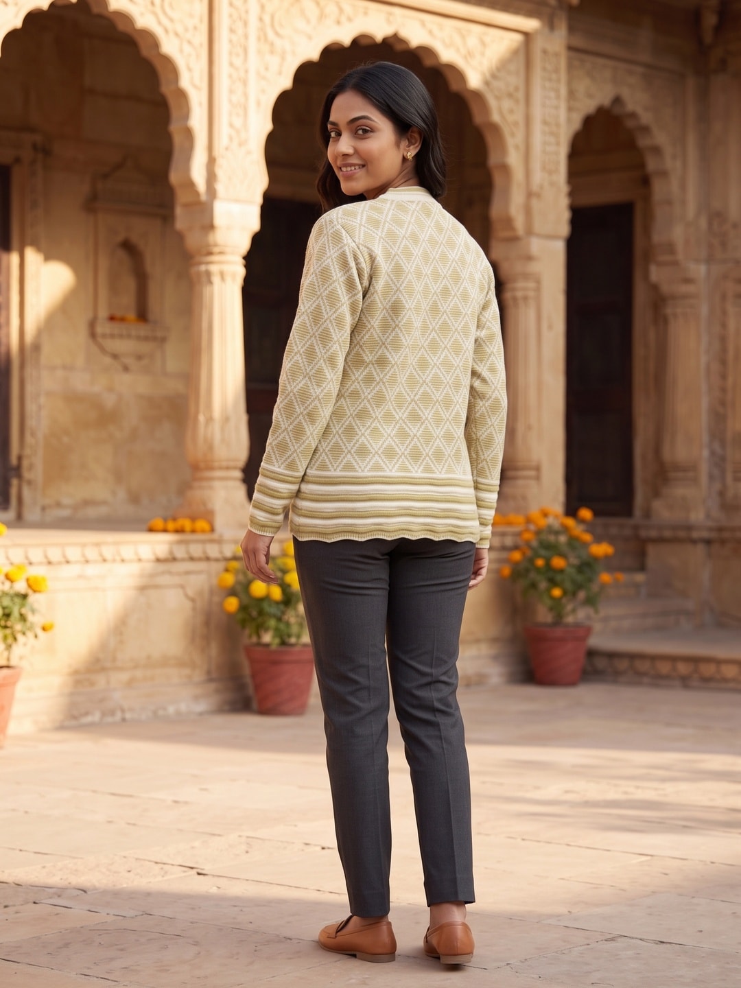 Peachmode Cream Woolen Cardigan - Image 3