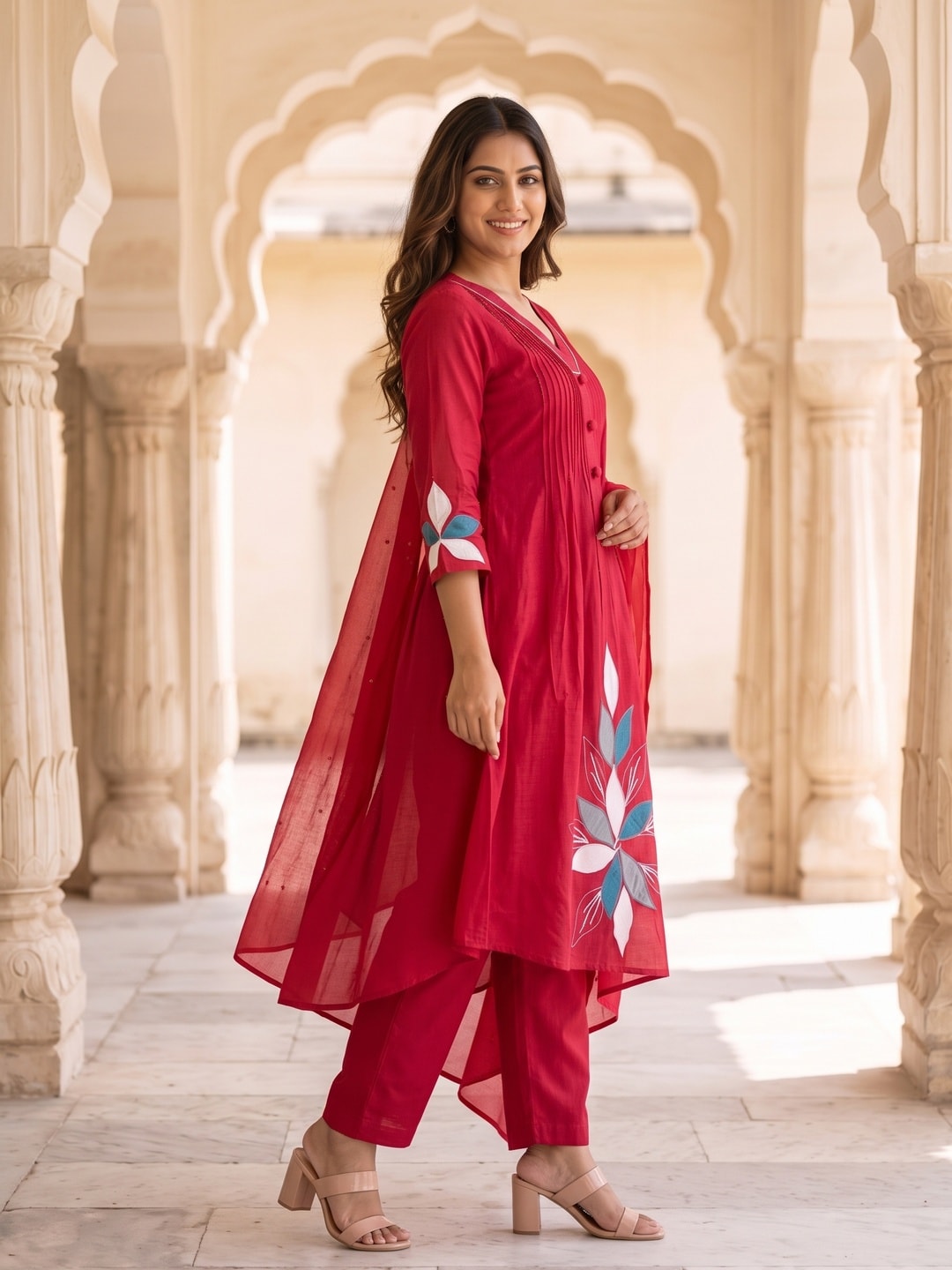 Peachmode Red Mul Chanderi Pintuck Salwar Suit with Applique Leaf Motifs - Image 3